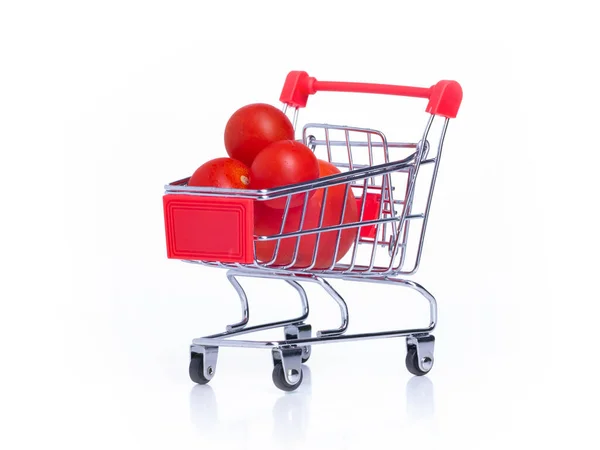 Small Food Basket Wheels Red Cherry Tomatoes White Background — Stock Photo, Image