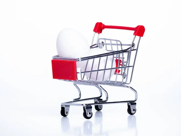 Small Food Basket Wheels Chicken Eggs White Background — Stock Photo, Image