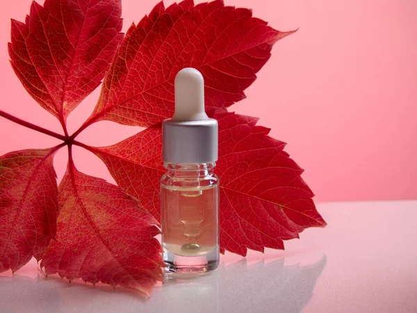 Bärnstensfärgad Glasflaska Med Tropiskt Blad Rosa Bakgrund Naturliga Ekologiska Kosmetiska — Stockfoto