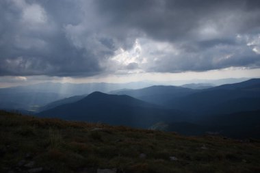 Hoverla Dağı'na tırmanırken görüntüleyin. Dağın, ormanların ve bulutların manzarası. Ukrayna Karpatları.