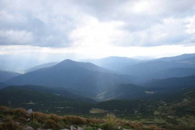 Hoverla Dağı'na tırmanırken görüntüleyin. Dağın, ormanların ve bulutların manzarası. Ukrayna Karpatları.