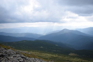Hoverla Dağı'na tırmanırken görüntüleyin. Dağın, ormanların ve bulutların manzarası. Ukrayna Karpatları.