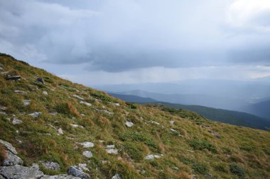 Hoverla Dağı'na tırmanırken görüntüleyin. Dağın, ormanların ve bulutların manzarası. Ukrayna Karpatları.