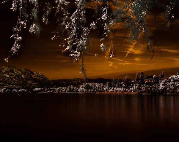 Kızılötesi renkli görüntü (760nm) uzak kıyıya sakin bir koy boyunca. Gökyüzü sarımsı beyaz contrails ile turuncu tonları koyudur. Su siyah hale getirilir ve ağaç yaprakları beyaz ve sakin su yansıtılır.