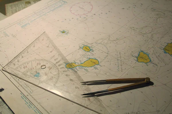 Sea map (nautical chart) of Kurile Islands (sea of Okhotsk) with tools