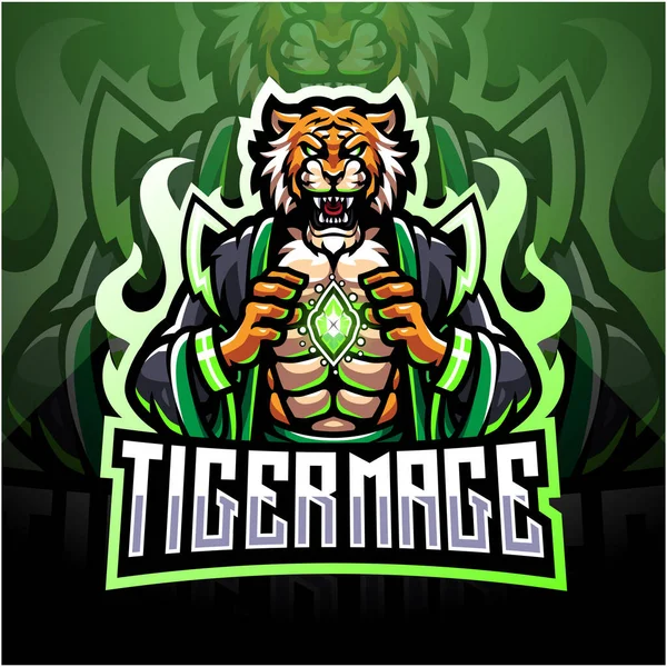 Tigre Mago Esport Mascota Logo Design — Vector de stock