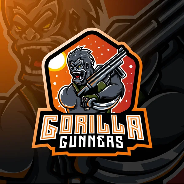 Gorilla Gunners Esport Maskottchen Logo Design — Stockvektor