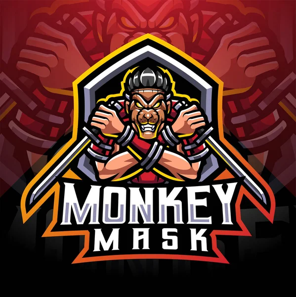 Macaco Máscara Ninja Esport Mascote Logotipo —  Vetores de Stock
