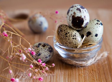 Açık bej arka planda bıldırcın yumurtaları. Tahta üzerinde.