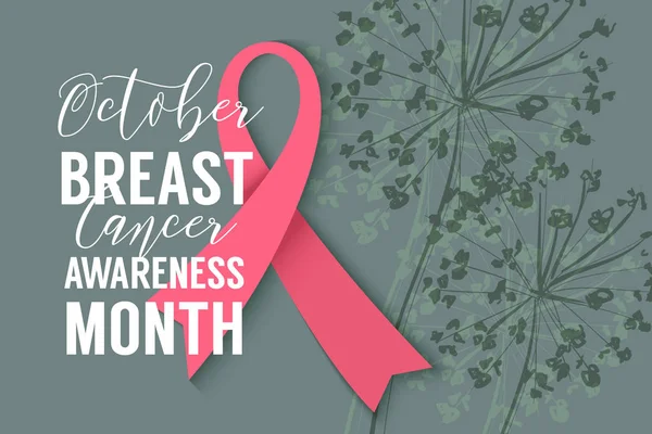 Fita rosa sobre fundo floral. Outubro Campanha de Conscientização do Câncer de Mama — Vetor de Stock
