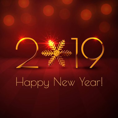 Mutlu yeni yıl 2019 metin tasarım. Resimde golden numaraları ve kar tanesi ile tebrik vektör