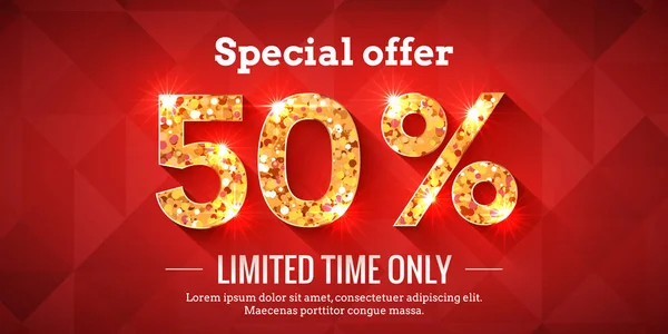 Percent Bright Red Sale Background Golden Glowing Numbers Lettering Special — Stock Vector