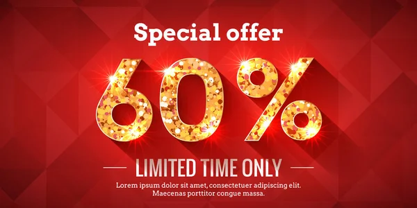 Percent Bright Red Sale Background Golden Glowing Numbers Lettering Special — Stock Vector