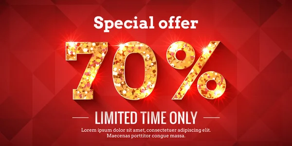 Percent Bright Red Sale Background Golden Glowing Numbers Lettering Special — Stock Vector