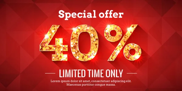 Percent Bright Red Sale Background Golden Glowing Numbers Lettering Special — Stock Vector