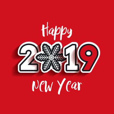 Kar tanesi ile kağıt 2019 metin tasarım. Mutlu yeni yıl yazı. Kırmızı zemin üzerine beyaz sayılarla illüstrasyon tebrik vektör