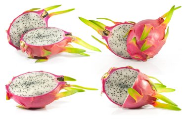 Beyaz arka planda izole edilmiş bir grup ejderha meyvesi veya pitaya meyvesi