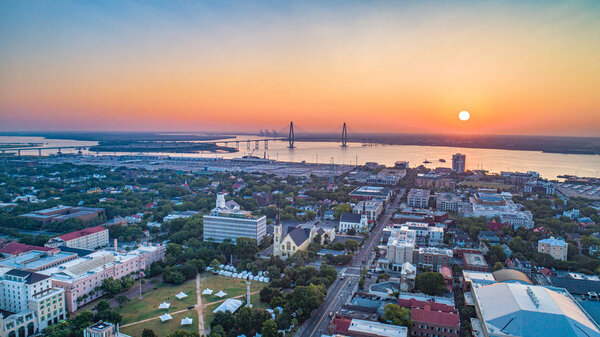 Charleston, South Carolina, USA Sunrise Downtown Skyline Aerial.