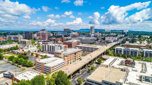 Drone Aerial of Downtown Greenville South Carolina Skyline Royalty Free Stock Photos