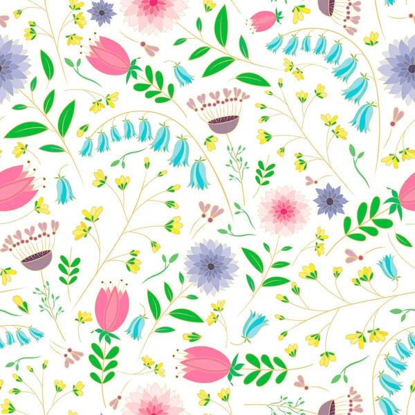 Ilustração Raster Pastel Bluebell Dália Tulipa Flores Silvestres Doodle Padrão — Fotografia de Stock