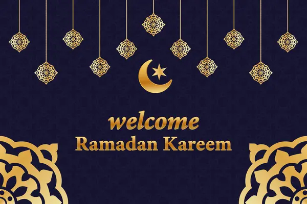 Hoş geldiniz Ramazan Kareem İslami arka planda fener hilal yıldızları ve mandala desenli altın rengi İslami selamlar. Ramazan Mübarek İslami festival dekoru Kutsal Ay bayrağı.