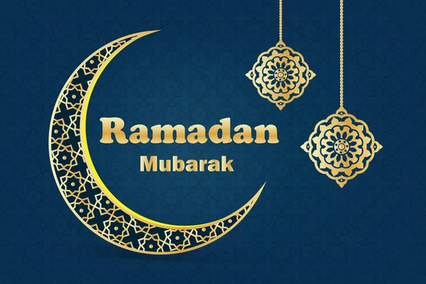 Ramazan Kareem İslami arka planı fener hilal yıldızları ve mandala desenli altın rengi İslami selamlar. Ramazan Mübarek İslami festival dekoru Kutsal Ay bayrağı, davetiye.