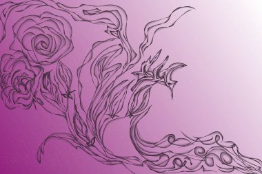 Resimler, gri arka planda güller ve yapraklar çizdi.