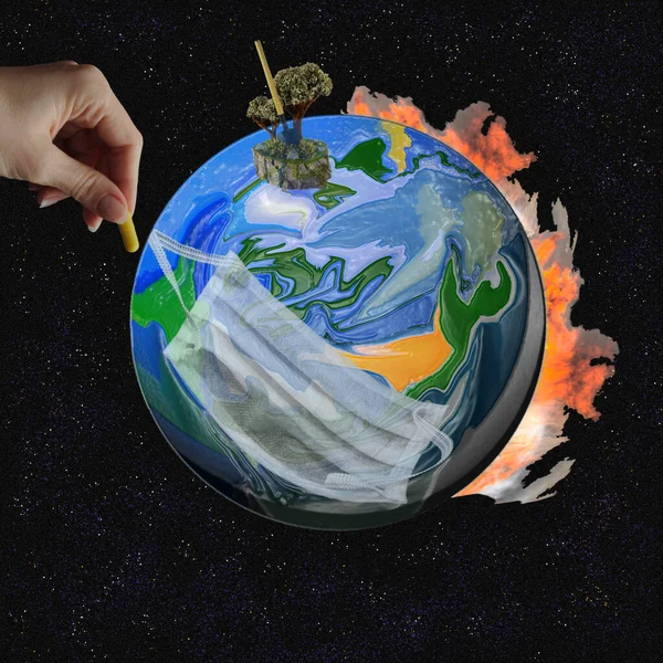 Globe with mask and hand on a black background. Conceptual illustration, save the planet. Earth on fire, environmental disaster.