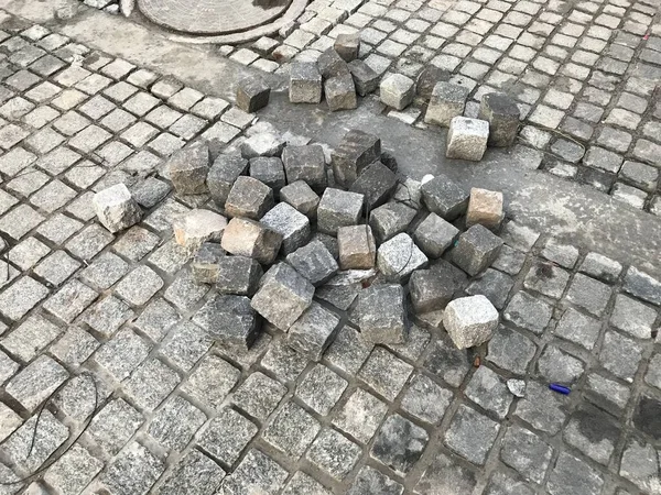 Suelo Cubo Piedra Lugar Azulejos Entrelazados Frente Del Famoso Templo — Foto de Stock