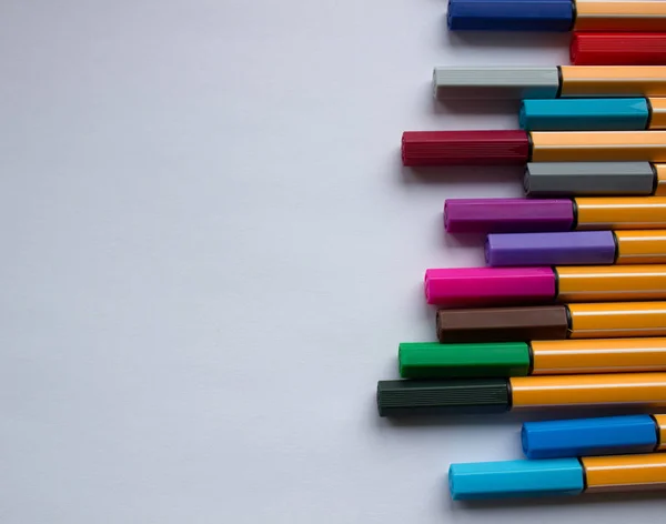 Muitas canetas coloridas diferentes. Lápis de cor isolados em um fundo branco — Fotografia de Stock