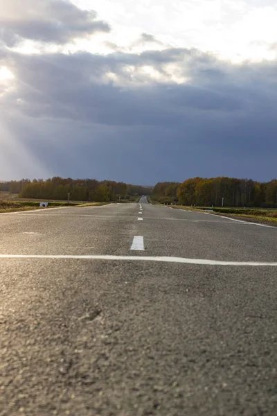 Tarlanın ortasında işaretler olan geniş asfalt bir yol. — Stok fotoğraf