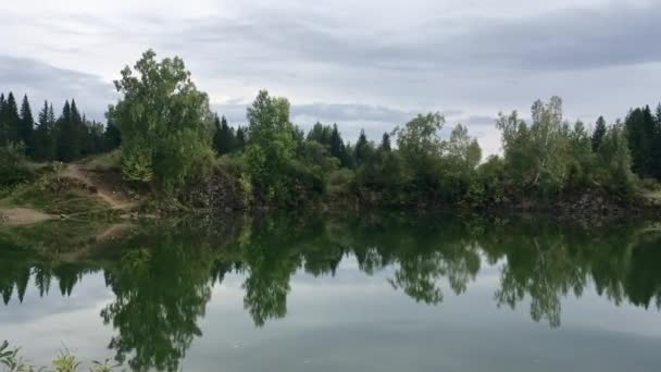 曇天時の木々を映し出す美しい湖 静かで穏やかな場所です — ストック動画