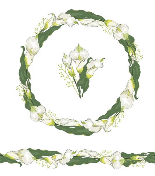 Corona redonda con flor de lirio de cala o zantedeschia aislado en blanco. Cepillo de patrón horizontal sin costuras . — Archivo Imágenes Vectoriales