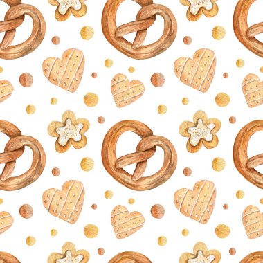 Simit ve kurabiye ile suluboya dikişsiz desen.