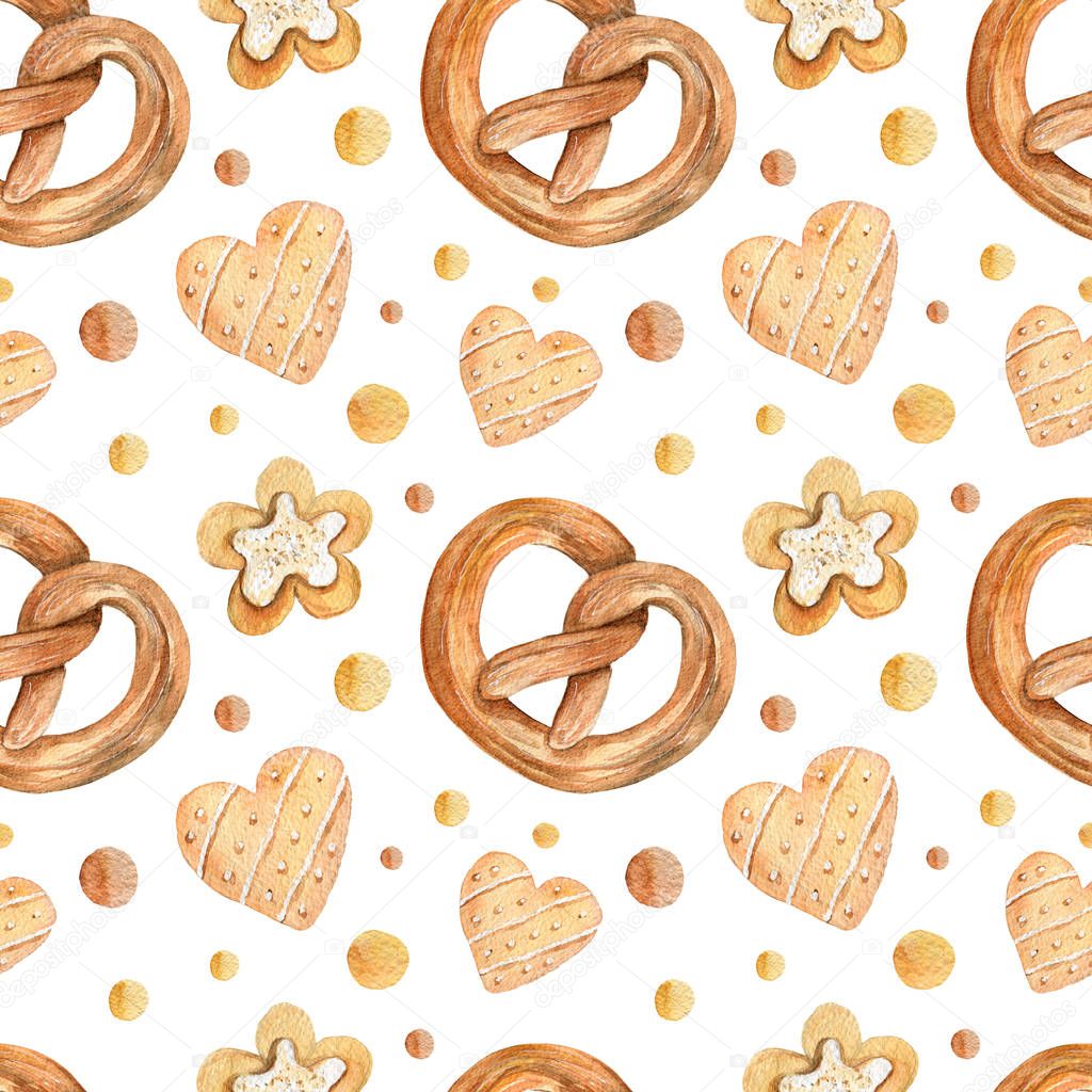 Watercolor seamless pattern with pretzel and cookies.