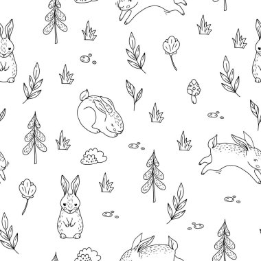 Ormanda doodle bunnies ile dikişsiz desen. Çocuklar için vektör arka planı.
