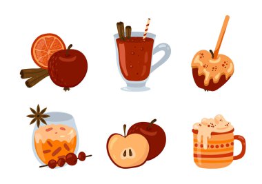 Vektör mevsimlik sonbahar ve kış içecekleri, tatlılar ve pasta ile ayarlayın. Mulled şarap, sıcak çikolata, karamel elma, baharatlar.
