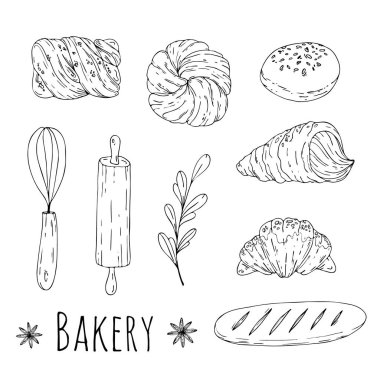 El çizilmiş doodle fırın elemanları ile vektör illüstrasyon. Menü tasarımı, mağaza ambalaj kağıdı.