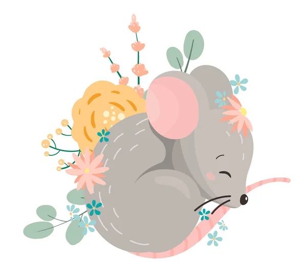 Χαριτωμένο Ποντίκι Καρτούν Κοιμάται Στον Ύπνο Λουλούδια Απεικόνιση Διανυσματικών Φορέων — Διανυσματικό Αρχείο