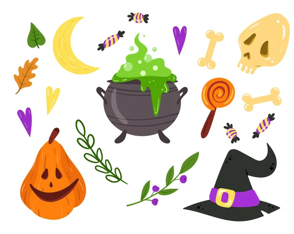 Set de vectores con elementos de diseño de Halloween. Caldero de brujas, sombrero, esqueleto de calabaza y caramelos. Colección de símbolos de Halloween . — Vector de stock