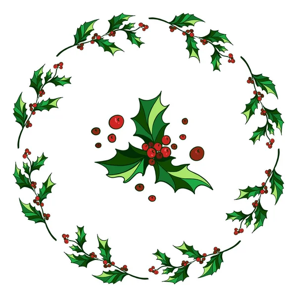 Corona de acebo dibujada a mano con bayas de acebo rojo. Corona tradicional de Año Nuevo y Navidad, aislada sobre fondo blanco . — Archivo Imágenes Vectoriales