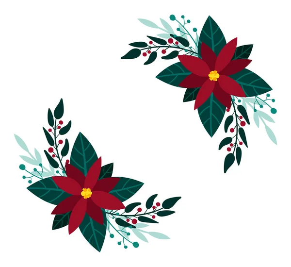 빨간 점착성의 꽃. 크리스마스 부케, 겨울 풀밭. 새해 맞이 카드 디자인. — 스톡 벡터