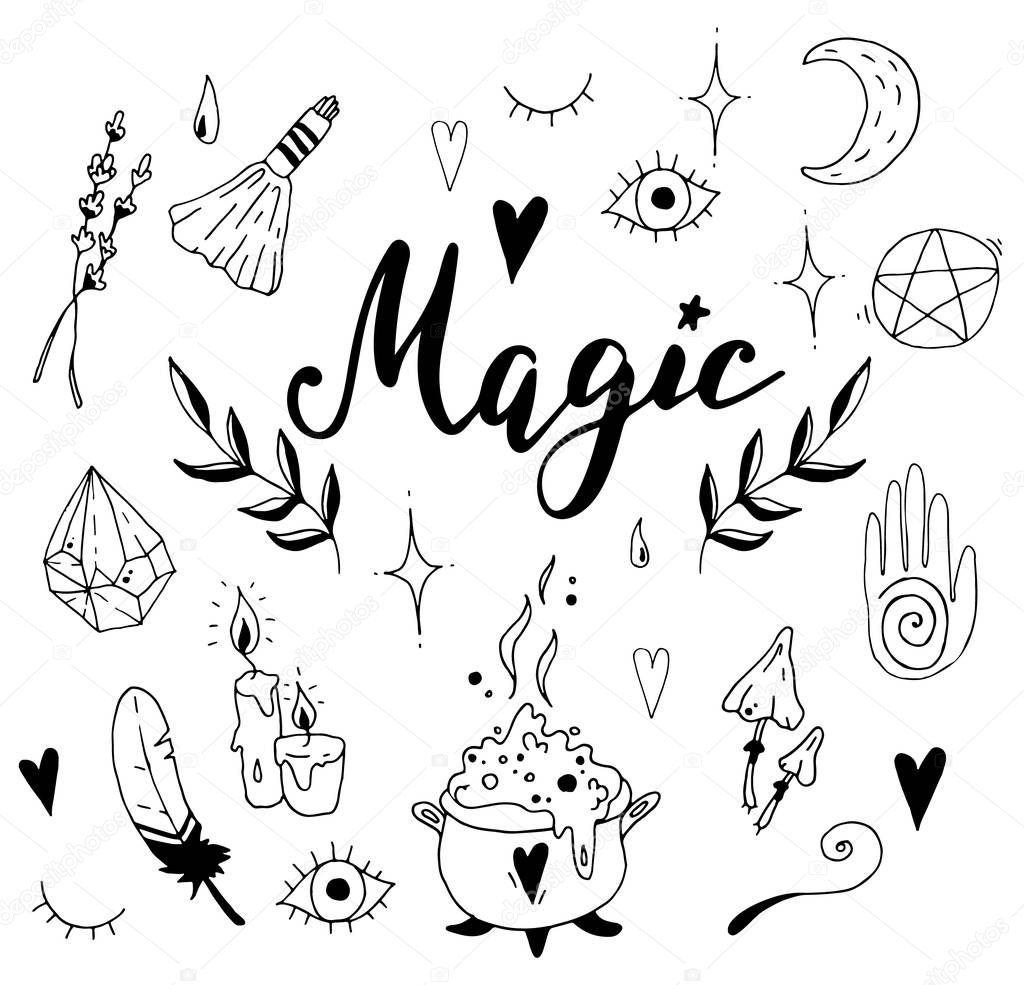 Hand drawn doodle magic set with witchcraft symbols. Vector doodles illustrations