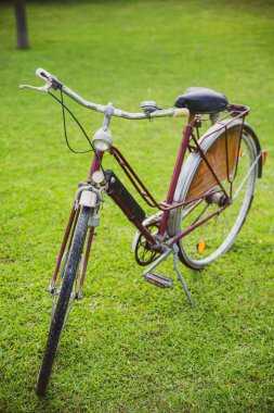 Bahçede eski bir bisiklet Yazın gezintiye çıkmayı bekliyor