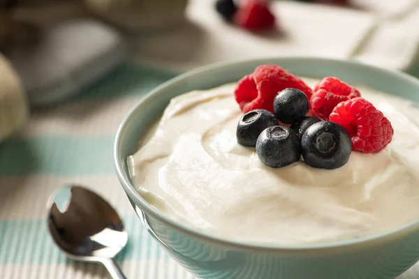 Close Healthy Breakfast Bowl Fresh Yogurt Raspberries Blueberries Summer Time Stock Image