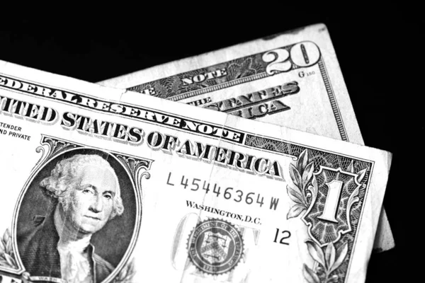 One and twenty dollar bills on a dark background close up in monochrome