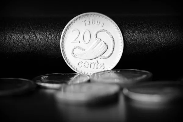 Twenty fijian cents on a dark background close up. Black and white