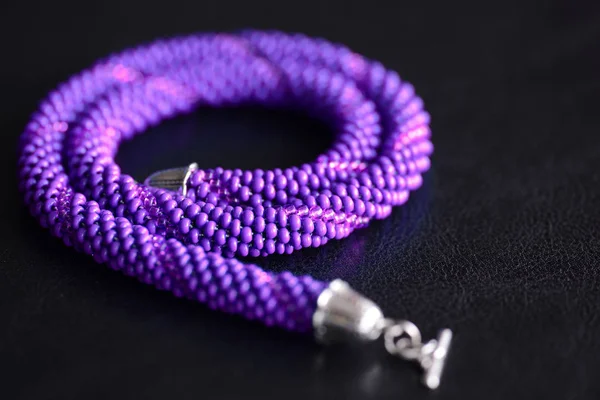 Purple Necklace Made Seed Beads Dark Background Close — Stock Photo, Image