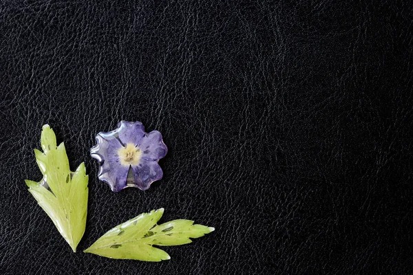 Epoxy resin coated flower and leaves closeup on a dark background. Elements for handmade jewelry made of resin and natural material. Top view, copy space