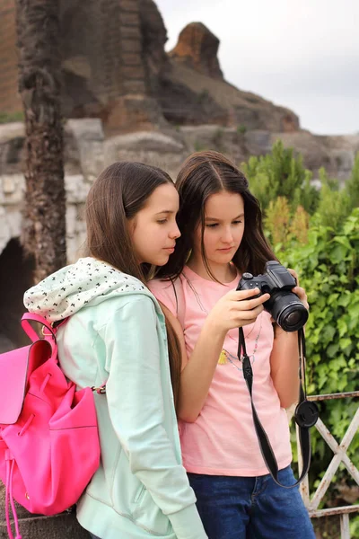 Two Tourist Teen Girls Have Fun Make Photo Camera — Stock Photo, Image